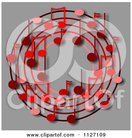Cartoon Of A Ring Or Wreath Of Red Music Notes On Gray - Royalty Free Clipart by djart