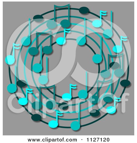 Cartoon Of A Ring Or Wreath Of Blue Music Notes Over Gray - Royalty Free Clipart by djart