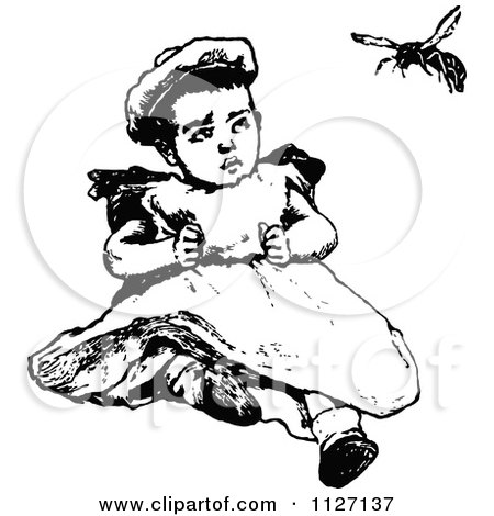 Clipart Of A Retro Vintage Black And White Baby Watching A Bee - Royalty Free Vector Illustration by Prawny Vintage