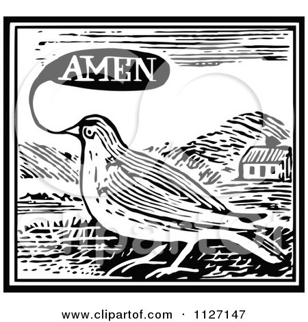 Clipart Of A Retro Vintage Black And White Bird Saying Amen - Royalty Free Vector Illustration by Prawny Vintage
