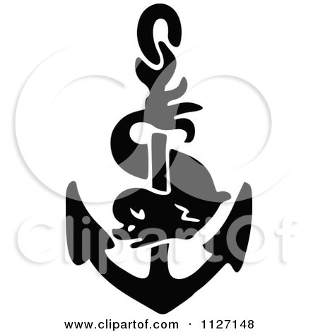 Clipart Of A Retro Vintage Black And White Anchor And Dolphin - Royalty Free Vector Illustration by Prawny Vintage