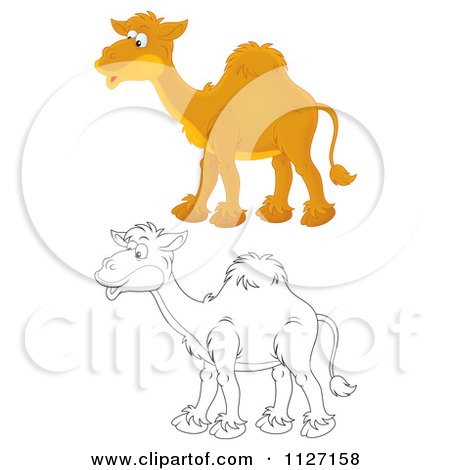 Cartoon Of Happy Colored And Outlined Camels - Royalty Free Clipart by Alex Bannykh