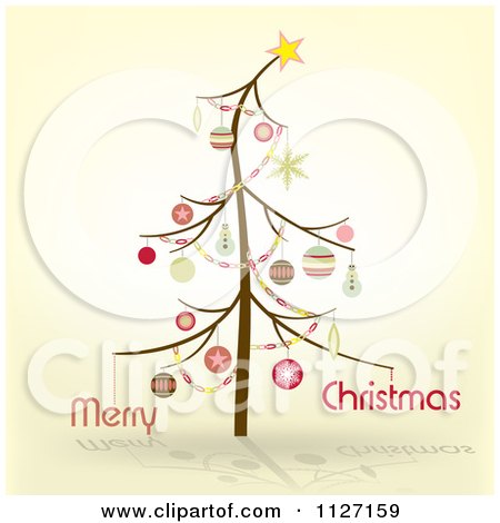 Clipart Of A Scrawny Tree With Merry Christmas Text On Beige - Royalty Free Vector Illustration by dero