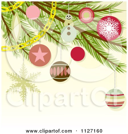 Clipart Of Christmas Tree Branches And Ornaments On Beige - Royalty Free Vector Illustration by dero