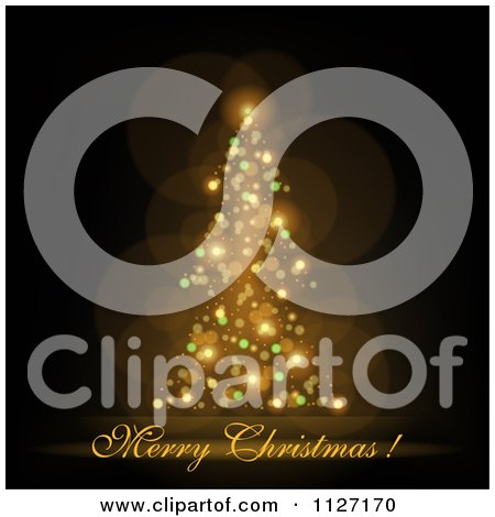 Clipart Of A Merry Christmas Greeting Under A Magical Gold Tree On Black - Royalty Free Vector Illustration by dero