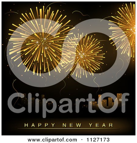 Clipart Of Golden Fireworks Bursting Over A City With Happy New Year Text - Royalty Free Vector Illustration by dero