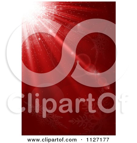 Clipart Of A Red Christmas Background With A Burst Of Light And Snowflakes - Royalty Free Vector Illustration by dero
