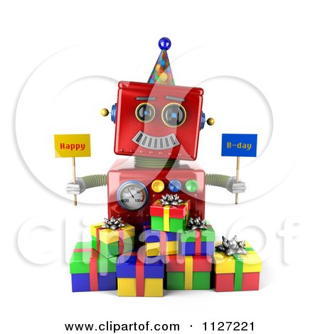 Clipart Of A 3d Red Robot Holding Happy Bday Signs - Royalty Free CGI Illustration by stockillustrations