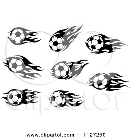 Clipart Of Black And White Soccer Balls With Tribal Flames - Royalty Free Vector Illustration by Vector Tradition SM