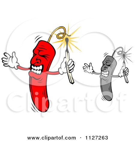 Clipart Of Angry Dynamite Mascots Using Matches To Light Fuses - Royalty Free Vector Illustration by Vector Tradition SM