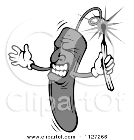 Clipart Of A Grayscale Angry Dynamite Mascot Using A Match To Light A Fuse - Royalty Free Vector Illustration by Vector Tradition SM