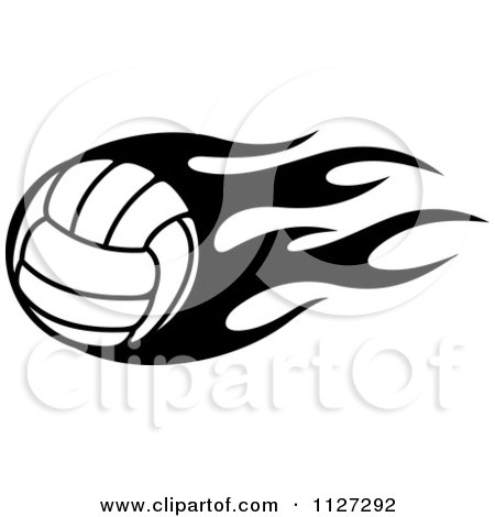 Clipart Of A Black And White Volleyball With Tribal Flames 5 - Royalty Free Vector Illustration by Vector Tradition SM