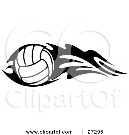 Clipart Of A Black And White Volleyball With Tribal Flames 1 - Royalty Free Vector Illustration by Vector Tradition SM