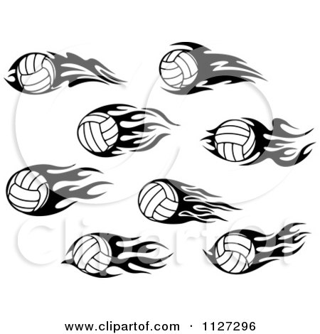 Clipart Of A Black And White Volleyball With Tribal Flames 4 - Royalty ...