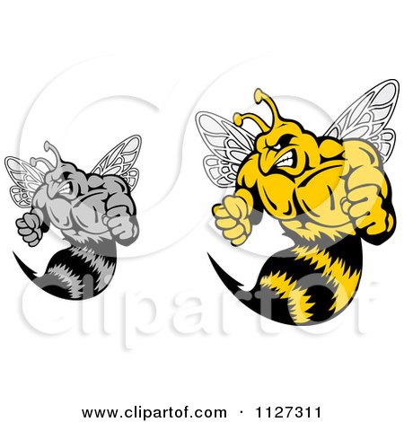 Clipart Of Grayscale And Colored Buff Angry Wasps - Royalty Free Vector Illustration by Vector Tradition SM