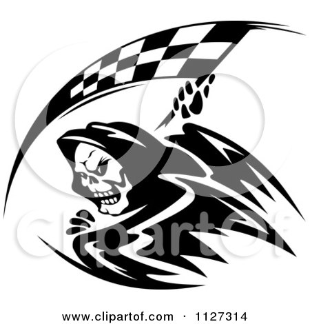 Clipart Of A Black And White Grim Reaper With A Racing Flag Scythe - Royalty Free Vector Illustration by Vector Tradition SM