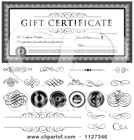 Clipart Of A Grayscale Gift Certificate With Sample Text Swirls Snd Seals - Royalty Free Vector Illustration by BestVector