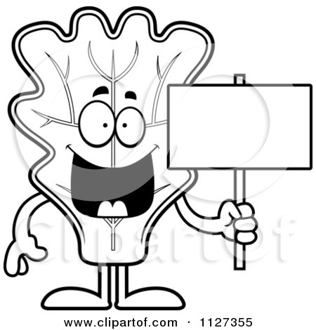 Cartoon Of An Outlined Lettuce Mascot Holding A Sign - Royalty Free Vector Clipart by Cory Thoman