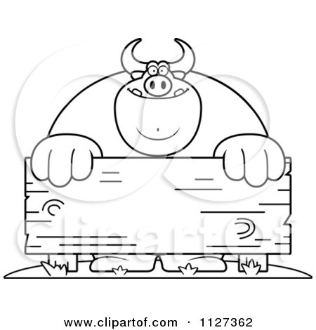 Cartoon Of An Outlined Buff Bull Behind A Wooden Sign - Royalty Free Vector Clipart by Cory Thoman