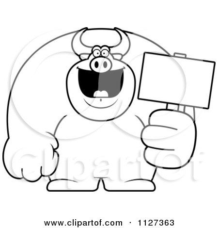 Cartoon Of An Outlined Buff Bull Holding A Sign 2 - Royalty Free Vector Clipart by Cory Thoman