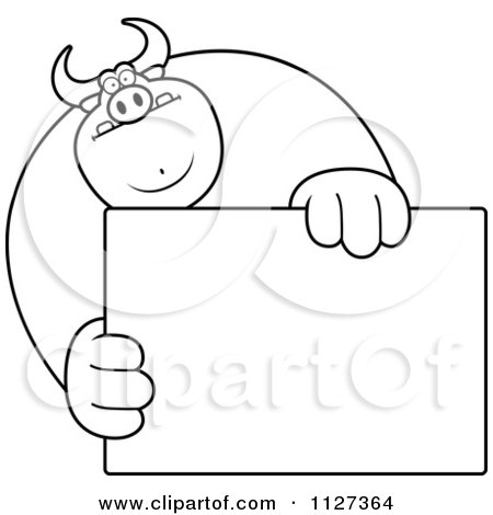 Cartoon Of An Outlined Buff Bull Holding A Sign 1 - Royalty Free Vector Clipart by Cory Thoman