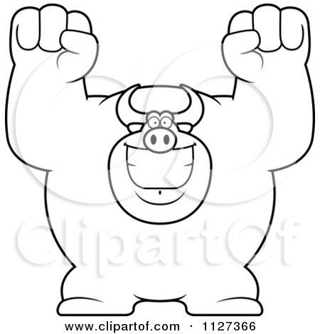 Cartoon Of An Outlined Excited Buff Bull Cheering - Royalty Free Vector Clipart by Cory Thoman