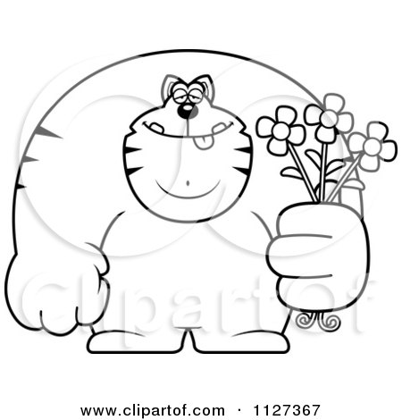 Cartoon Of An Outlined Buff Cat Holding Flowers - Royalty Free Vector Clipart by Cory Thoman