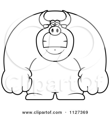 Cartoon Of An Outlined Angry Buff Bull - Royalty Free Vector Clipart by Cory Thoman