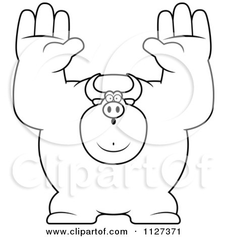 Cartoon Of An Outlined Buff Bull Giving Up - Royalty Free Vector Clipart by Cory Thoman