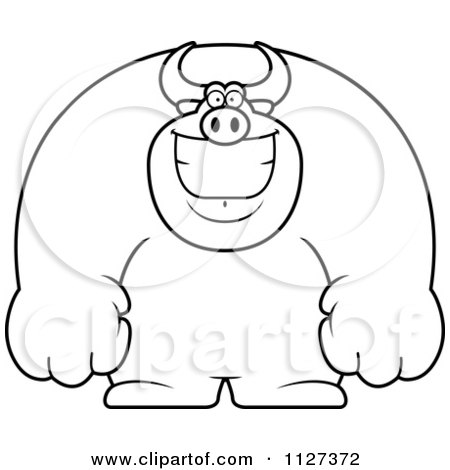 Cartoon Of An Outlined Happy Buff Bull Smiling - Royalty Free Vector Clipart by Cory Thoman