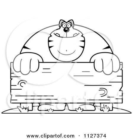 Cartoon Of An Outlined Buff Cat Behind A Wooden Sign - Royalty Free Vector Clipart by Cory Thoman