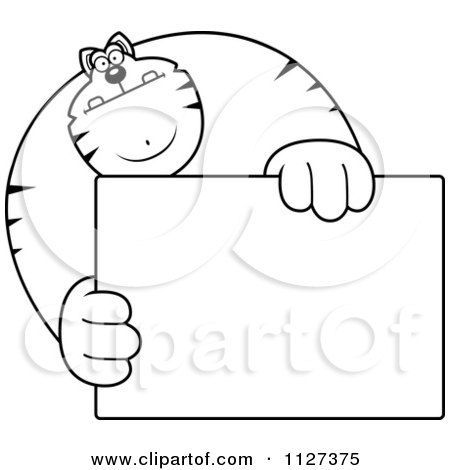 Cartoon Of An Outlined Buff Cat Holding A Sign 1 - Royalty Free Vector Clipart by Cory Thoman