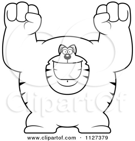 Cartoon Of An Outlined Excited Buff Cat Cheering - Royalty Free Vector Clipart by Cory Thoman