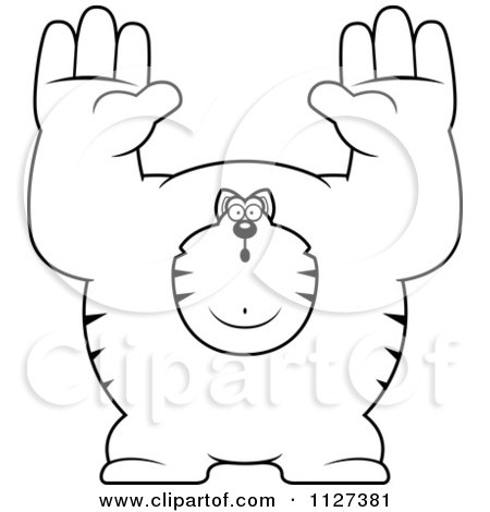 Cartoon Of An Outlined Buff Cat Giving Up - Royalty Free Vector Clipart by Cory Thoman