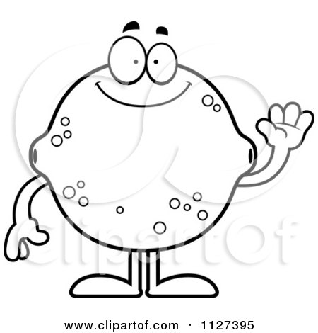 Cartoon Of An Outlined Waving Lemon Or Lime Mascot - Royalty Free Vector Clipart by Cory Thoman