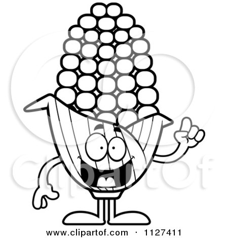 Cartoon Of An Outlined Corn Mascot With An Idea - Royalty Free Vector Clipart by Cory Thoman
