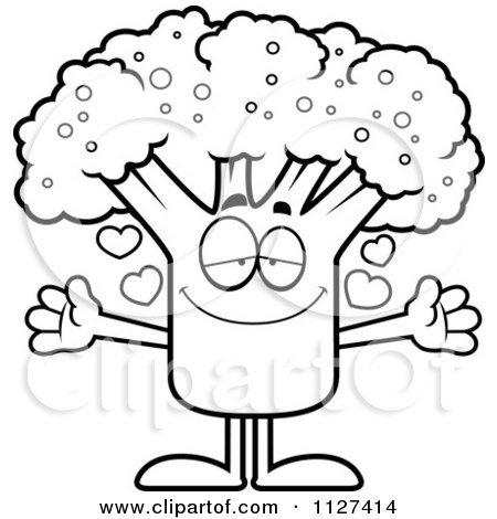 Cartoon Of An Outlined Loving Broccoli Mascot With Open Arms - Royalty Free Vector Clipart by Cory Thoman