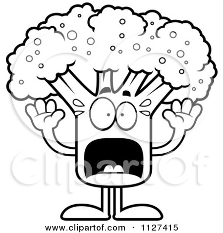 Cartoon Of An Outlined Scared Broccoli Mascot - Royalty Free Vector Clipart by Cory Thoman