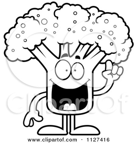 Cartoon Of An Outlined Broccoli Mascot With An Idea - Royalty Free Vector Clipart by Cory Thoman