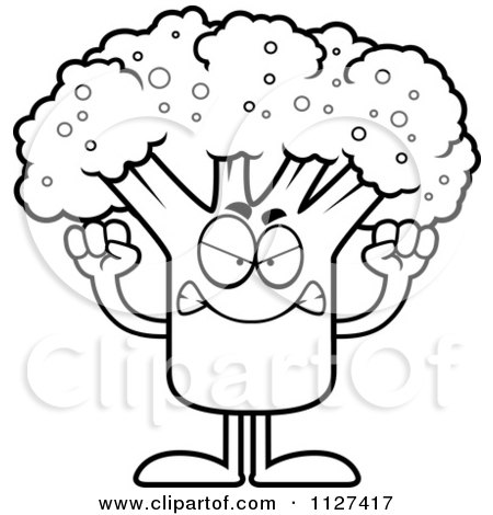 Cartoon Of An Outlined Angry Broccoli Mascot - Royalty Free Vector Clipart by Cory Thoman