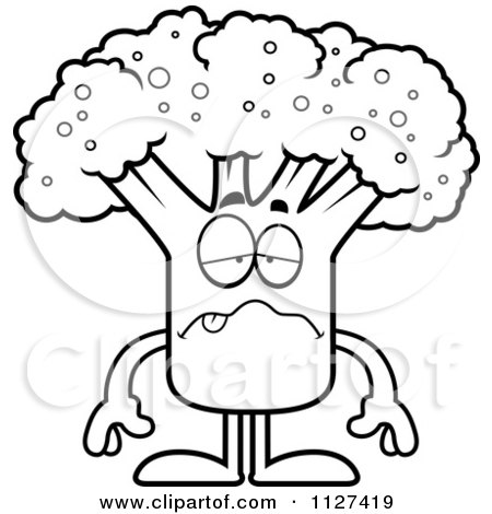 Cartoon Of An Outlined Sick Broccoli Mascot - Royalty Free Vector Clipart by Cory Thoman