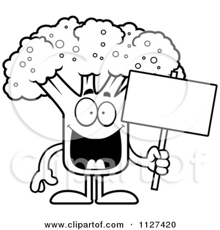 Cartoon Of An Outlined Broccoli Mascot Holding A Sign - Royalty Free Vector Clipart by Cory Thoman