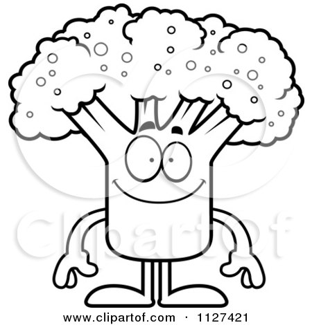 Cartoon Of An Outlined Happy Broccoli Mascot - Royalty Free Vector Clipart by Cory Thoman