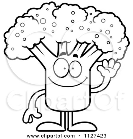Cartoon Of An Outlined Waving Broccoli Mascot - Royalty Free Vector Clipart by Cory Thoman