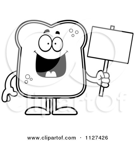 Cartoon Of An Outlined Bread Character Holding A Sign - Royalty Free Vector Clipart by Cory Thoman