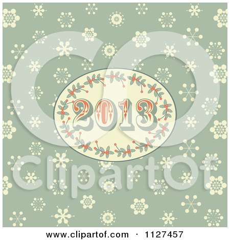 Clipart Of A Retro 2013 New Year Holly Oval On Green With Snowflakes - Royalty Free Vector Illustration by elaineitalia