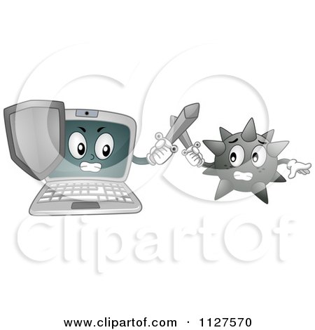 Cartoon Of A Laptop Mascot Battling A Virus - Royalty Free Vector Clipart by BNP Design Studio