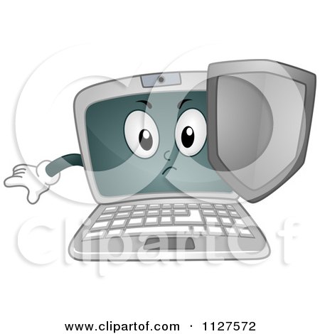 Cartoon Of A Laptop Mascot Defending With A Shield - Royalty Free Vector Clipart by BNP Design Studio
