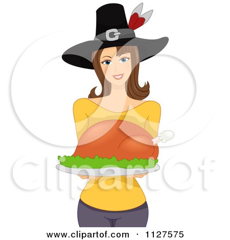 Cartoon Of A Thanksgiving Woman Wearing A Pilgrim Hat And Holding A Roasted Turkey - Royalty Free Vector Clipart by BNP Design Studio