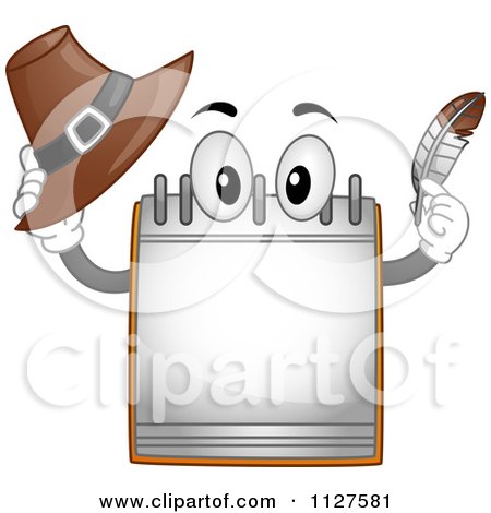 Cartoon Of A Calendar Mascot Holding A Thanksgiving Pilgrim Hat And Feather - Royalty Free Vector Clipart by BNP Design Studio